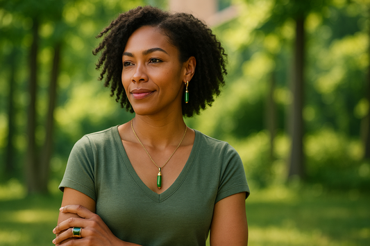 Confident woman outdoors wearing emerald-toned jewelry in natural light.