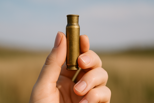 Woman holding a brass bullet casing in natural light, symbolizing story and survival.