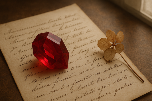 Ruby gem on handwritten note with soft light and poetic mood