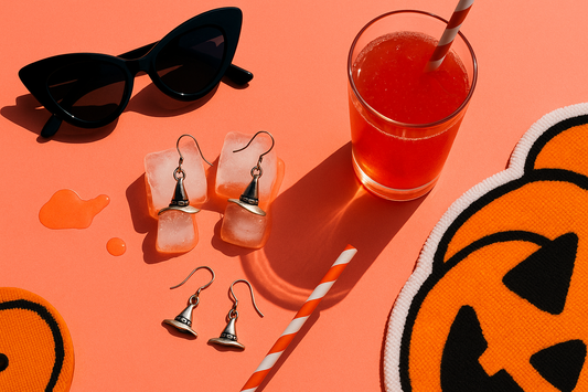 Witch hat earrings on melting ice with Halloween-summer props like sunglasses and soda.