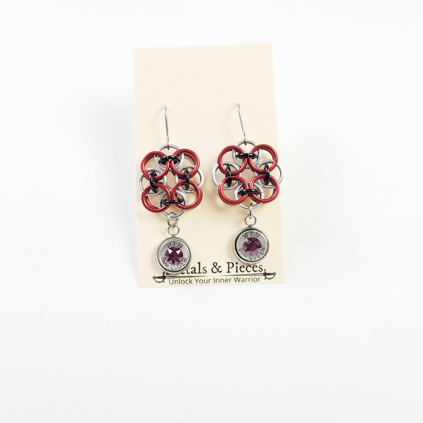 Chainmail Flower Garnet Earrings