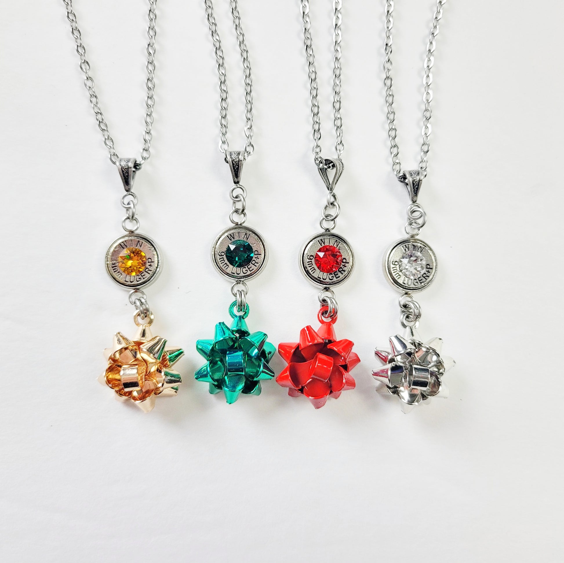 Holiday bullet necklace in gold, green, red, or silver