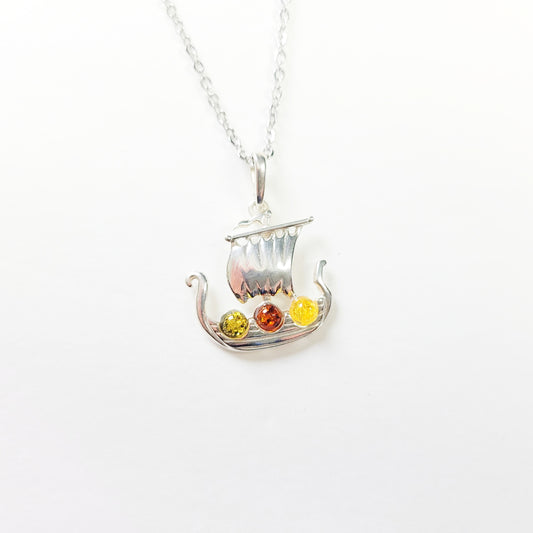 Sterling silver Viking ship necklace with Baltic amber