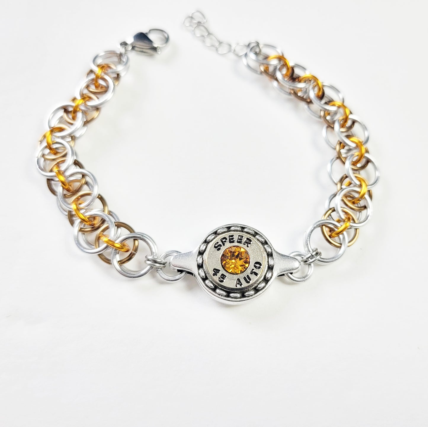 Pumpkin Bullet Bracelet with .45 casing and topaz crystal