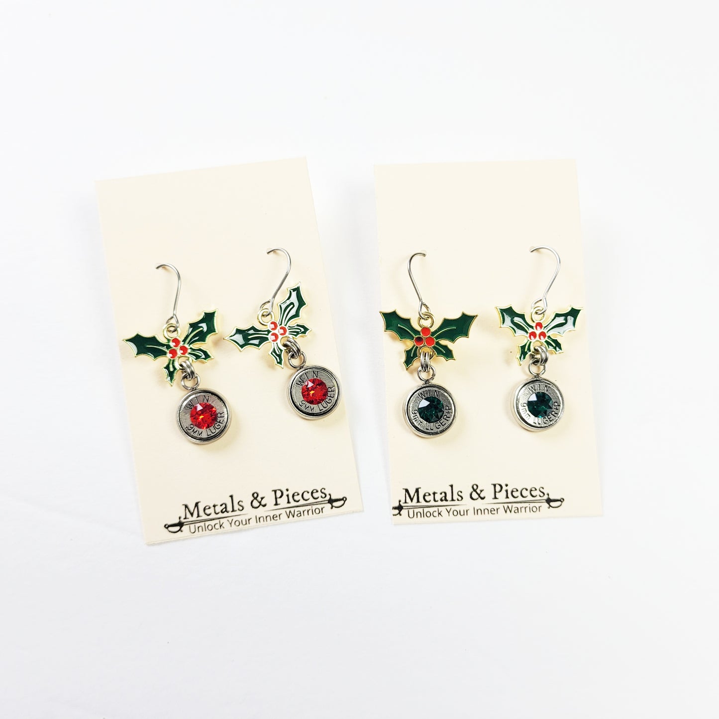 Holly Bullet Earrings with 9mm casings and red or green crystal