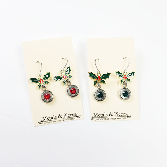 Holly Bullet Earrings with 9mm casings and red or green crystal