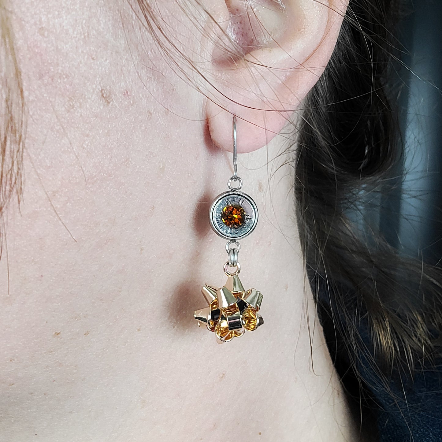 Real bullet earrings with crystals and stainless steel hooks