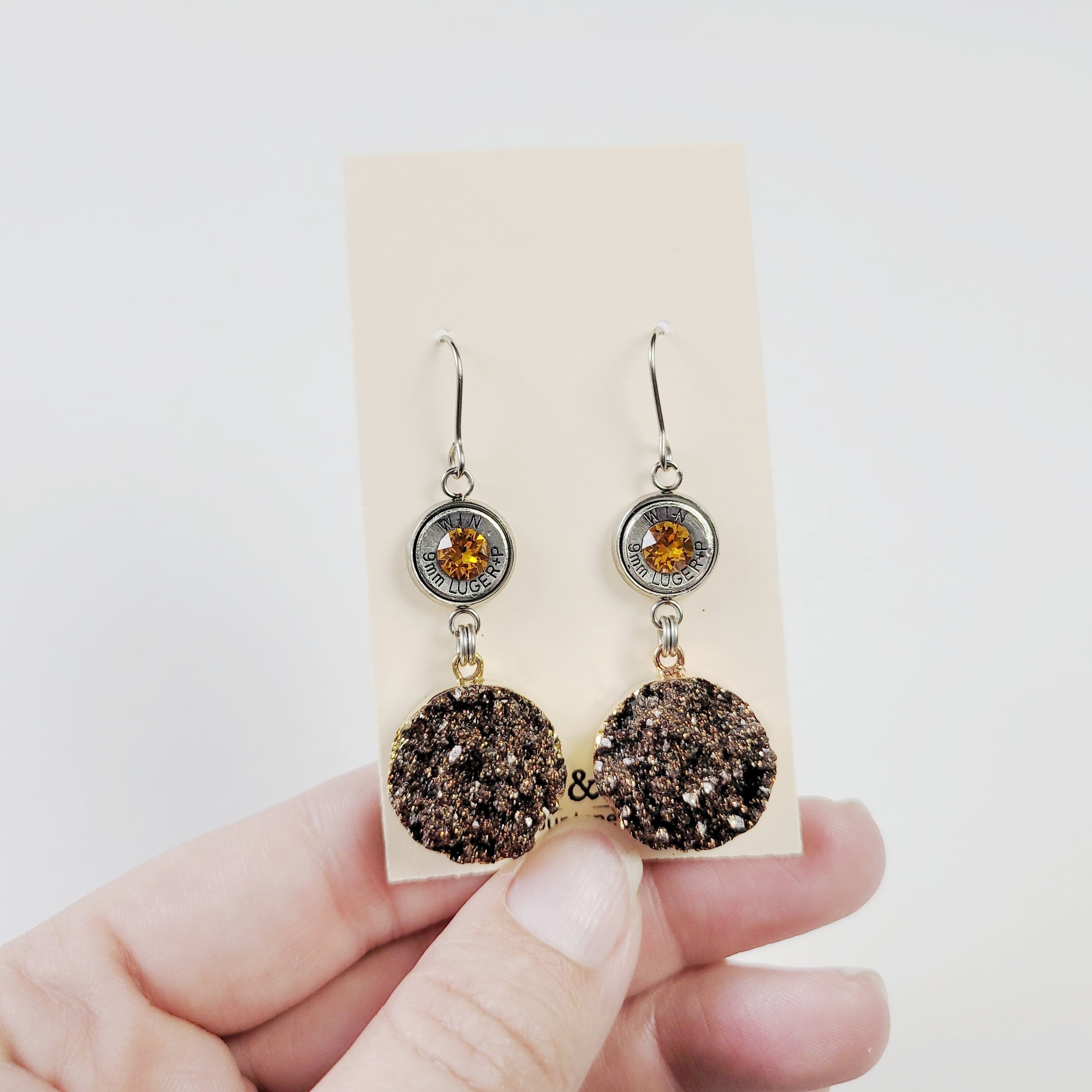 Druzy bullet earrings with 9mm casings and topaz crystals