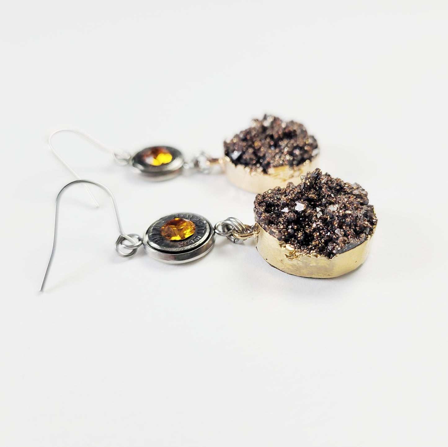 Topaz and coppery druzy earrings with real bullet casing