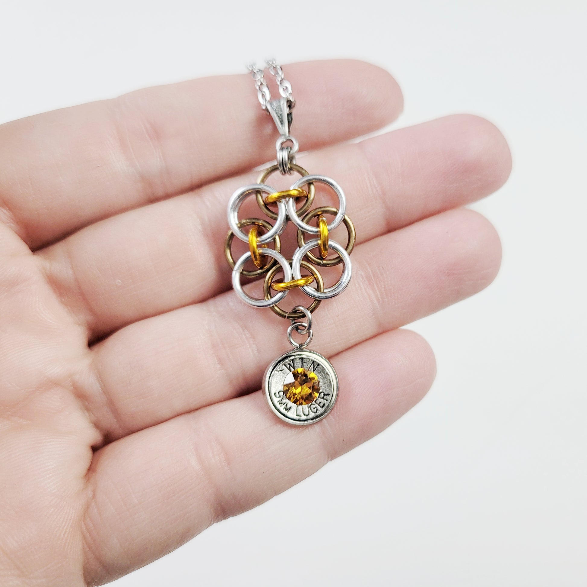 Fall bullet necklace with chainmail in copper tones, silver, and orange