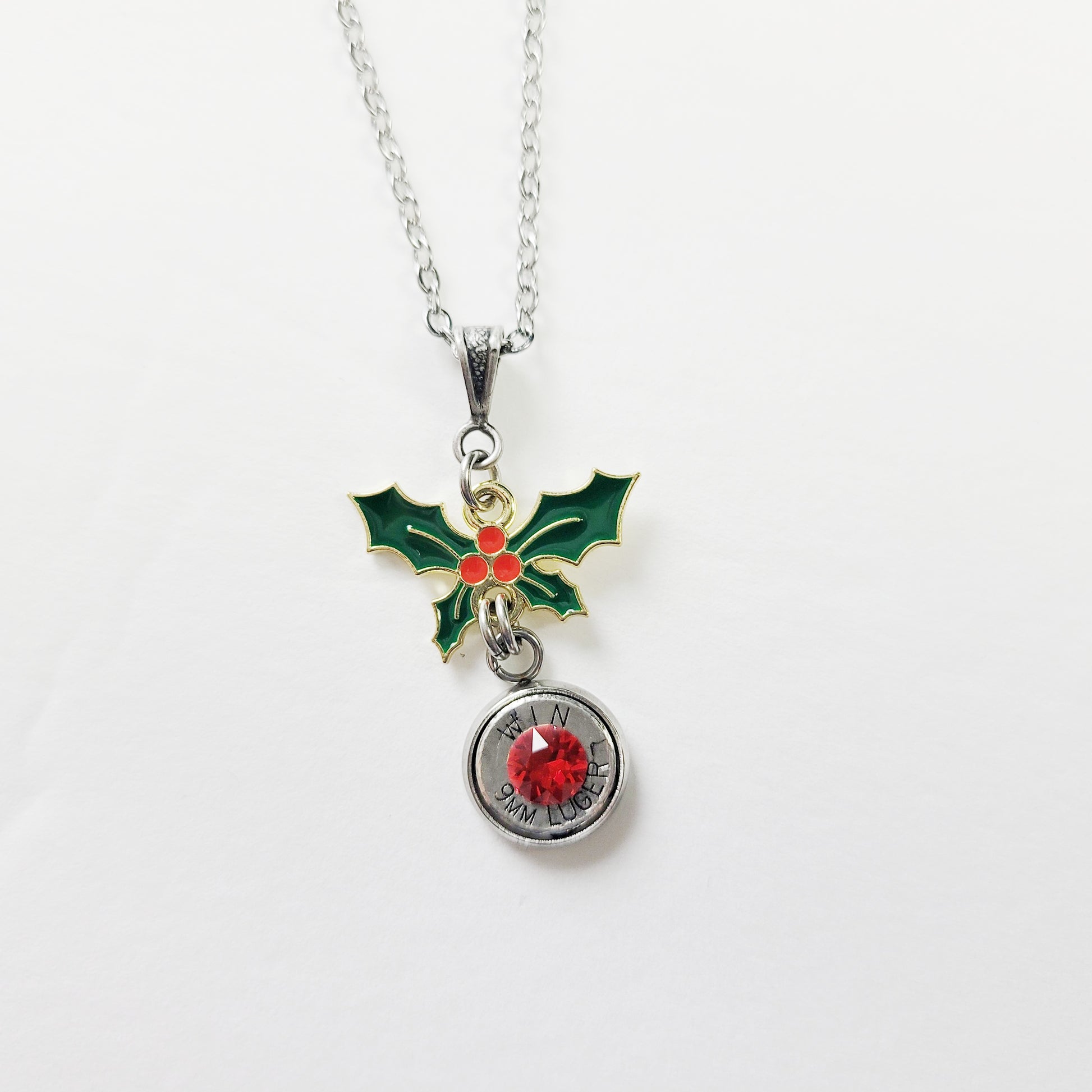 Holly Bullet Necklace with real 9mm casing and holly detail
